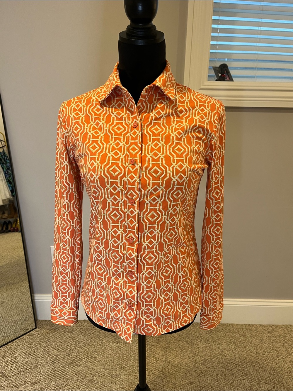 J. McLaughlin Catalina Orange Geometric Button-Down Shirt- extra small